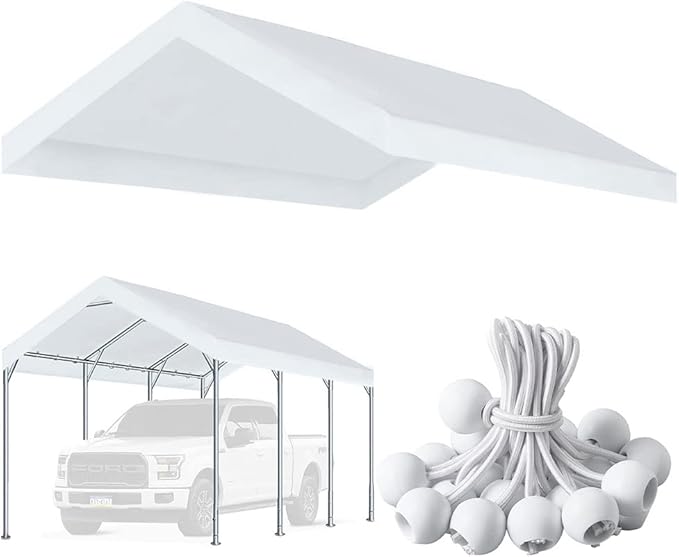 10'x20' Upgraded Carport Replacement Top Canopy Cover for Car Garage Shelter Tent Party Tent with Ball Bungees White (Only Top Cover, Frame is not Included)