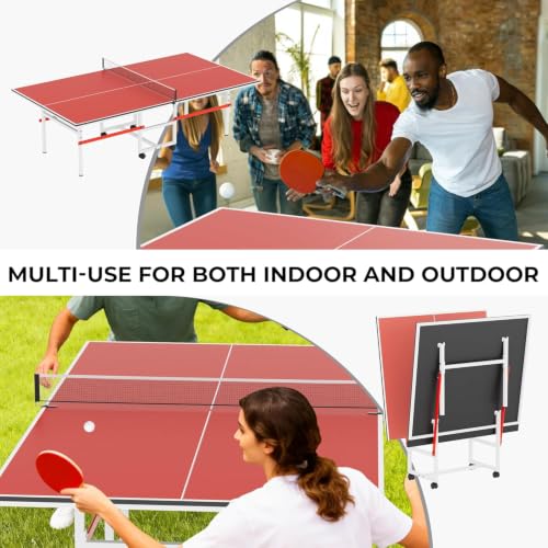 8X4FT Foldable Ping Pong Table,Professional Table Tennis Table with Net,2 Table Tennis Paddles and 3 Balls - Tournament Quality for Indoor/Outdoor - color: Red