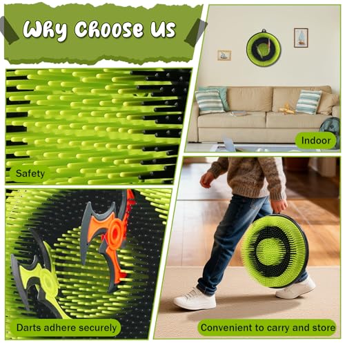 Axe Throwing Game Set for Adults and Kids: Bristle Axe Target Board Game with 4 Throwing Stars, No Drill Mounting, Compact & Portable Design for Indoor Outdoor Use （12in）