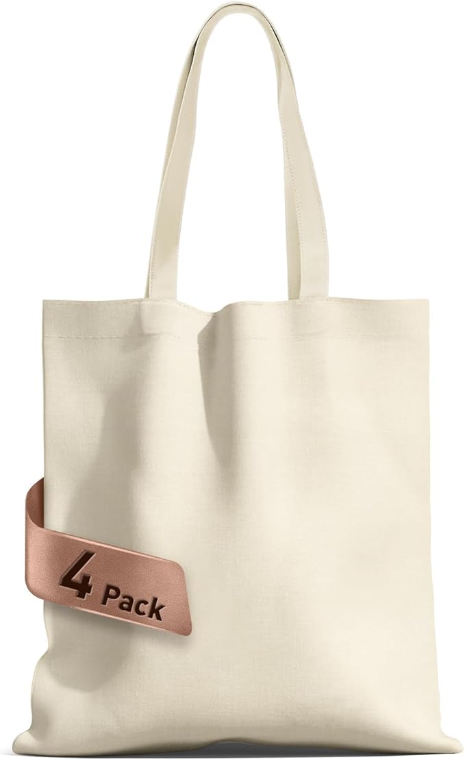 MOLOVA 1-6 Pack Available Premium Canvas Reusable Tote Gift Bags,Made of Natural Canvas with Handle,Work,DIY,Shopping(4 Pack)