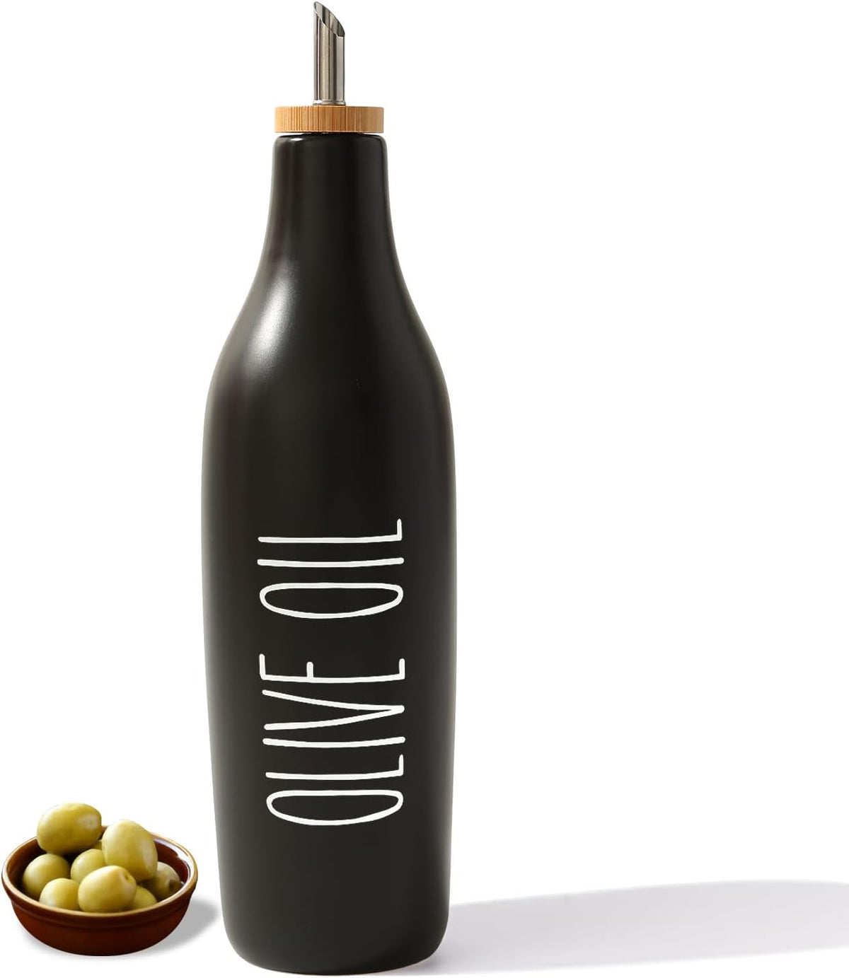 HOMCDALY Ceramic Olive Oil Dispenser for Kitchen, Stoneware 16oz Oil Cruet and Vinegar Bottles Dispenser, Kitchen Dispenser Bottle for EVOO Vinegar Syrups, Modern Farmhouse Design(B-O)