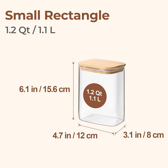 ComSaf 1.2 Qt Rectangle Glass Storage Containers with Lids, Glass Jars with Bamboo Lids, Clear Food Storage Jar, Sugar Coffee Containers, Pantry Container for Pasta Tea Candy Nut