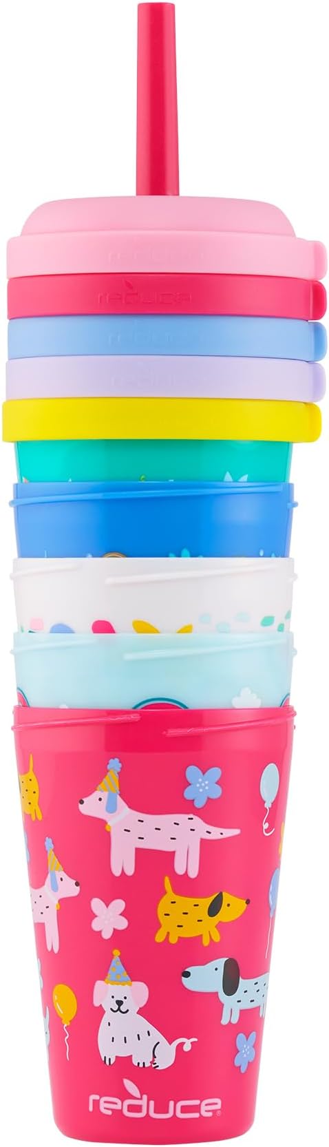 REDUCE GoGo's Kids Portable Tumbler Cups with Lids and Spill-Proof Straws - 5 Pack of Stackable 12 oz Tumblers with Twist-On Lids - Easy Storage, Dishwasher Safe - Serendipity Set