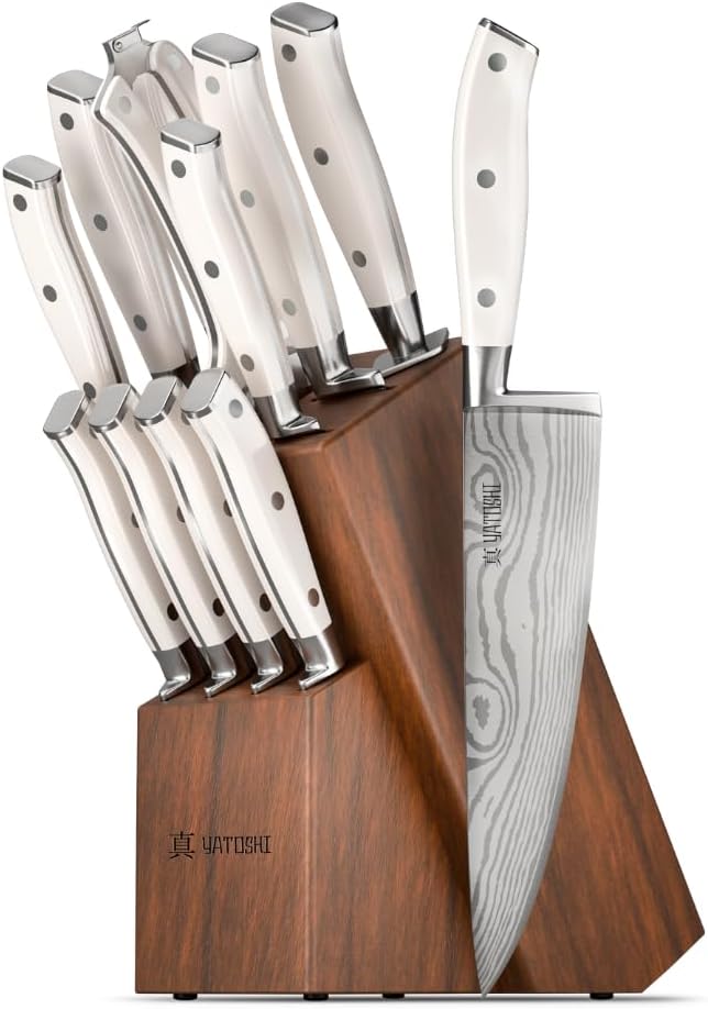 Yatoshi 12 Piece White Knife Block Set - Pro Kitchen Knife Set Ultra Sharp High Carbon Stainless Steel with Ergonomic Handle