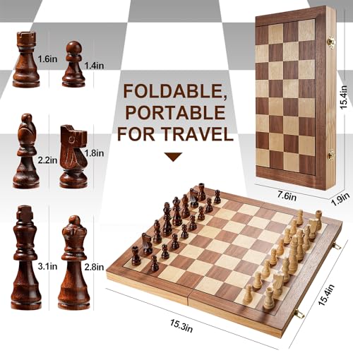 Vahome Magnetic Chess Set for Adults & Kids, 15" Wooden Folding Chess Boards, Handcrafted Portable Travel Chess Game with Pieces Storage Slots, 2 Extra Queens - size: 15 inches