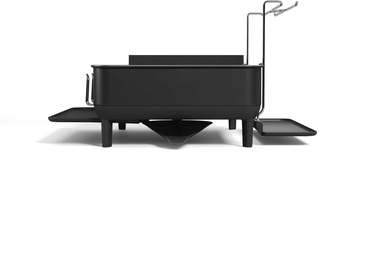 simplehuman Large Capacity Dish Drying Rack with Stainless Steel Frame, 360º Easy Drain Swivel Spout, Utensil & Wine Glass Holder, Anti-Residue Coating, Moisture Control Surface, Matte Black