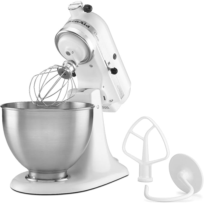 KitchenAid Classic Series 4.5 Quart Tilt-Head Stand Mixer K45SS, White & KSMPCA Pasta Cutter Attachment Set (2 Piece), One Size, Silver