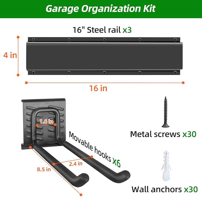 Garage Organization, Garage Wall Organizer with 48 inches Rails and 6 Hooks, Tool Organizers Heavy Duty, Shovel Holder Wall Mount Max Load 360 LBS, Sturdy Garden Tool Rack for Folding Chairs