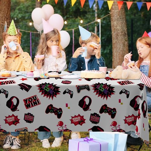 Red Video Game Party Tablecloth Gamer Birthday Party Supplies Level Up Decorations High Score Video Gaming Theme Table Cover for Dining Banquet Fiesta Picnic Anniversary Wedding Party Decorations - size: 157
