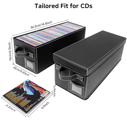 CD Storage Case with Lid & Handle – Faux Leather CD Holder Box – Stackable CD Storage Organizer with Label Slot – 2Pack (Black) - size: CD-2Pack