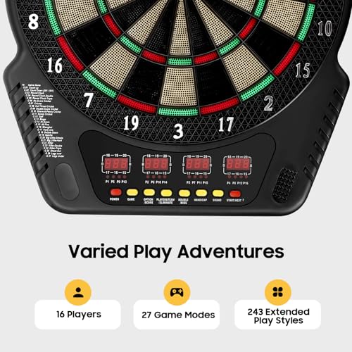 Electronic Dart Board Set 27 Games, Wall Mounted Soft Tip Dart Board with 243 Modes Supports 16 Players, Digital Dart-Boards for Adults with 4 LED Screens Voice Prompts & Automatic Counting