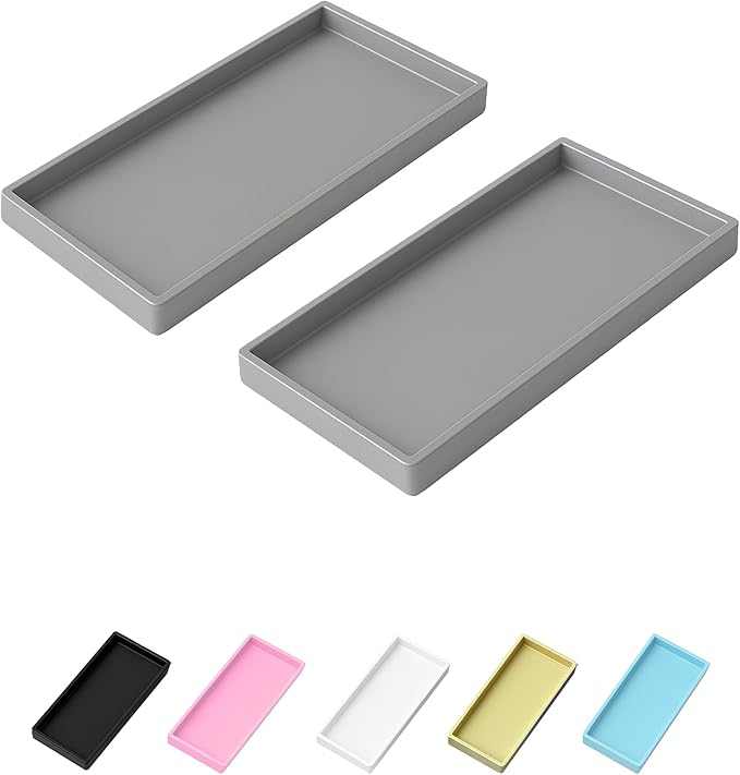 Vanity and Bathroom Tray, 7.7" ABS Countertop Organizer,Waterproof Vanity Tray for Toilet Tank,Perfume,Soap,Keys,Bathroom Accessories,Kitchen and Bath Trays,Non Slip Small Trays,Gray,2 Pack