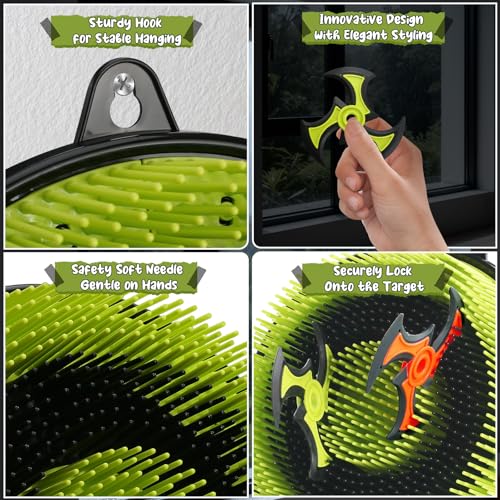 Axe Throwing Game Set for Adults and Kids: Bristle Axe Target Board Game with 4 Throwing Stars, No Drill Mounting, Compact & Portable Design for Indoor Outdoor Use （12in）