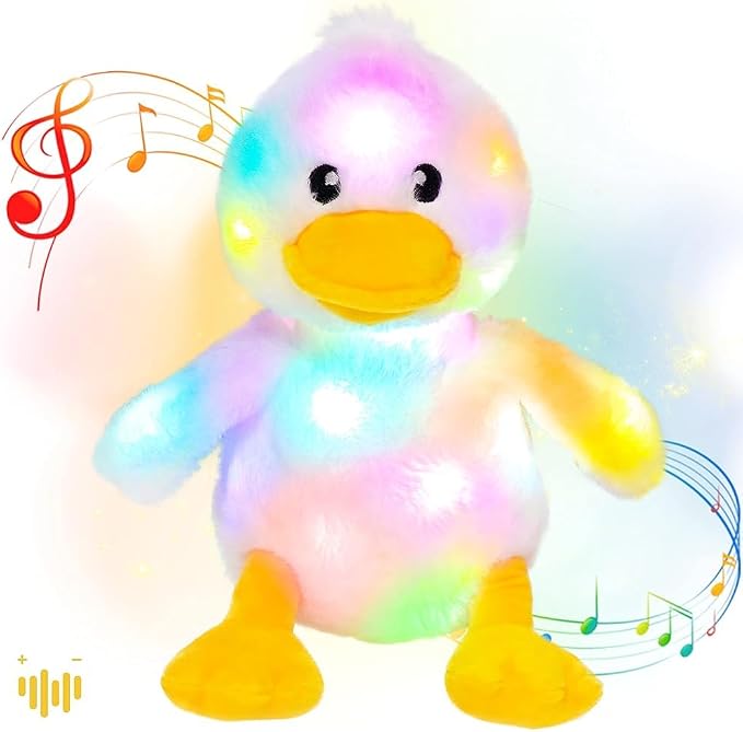 Hopearl LED Musical Stuffed Duck Light up Singing Duckling Plush Toy Adjustable Volume Lullaby Animated Soothe Birthday Gifts for Kids Toddler Girls, White, 11''