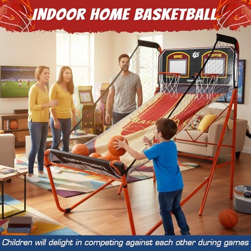 Foldable Indoor Basketball Arcade Game with Steel Frame Indoor Double Electronic Basketball Machine with 5 Size 7 Inch Balls for 2 Players Basement Game Rooms