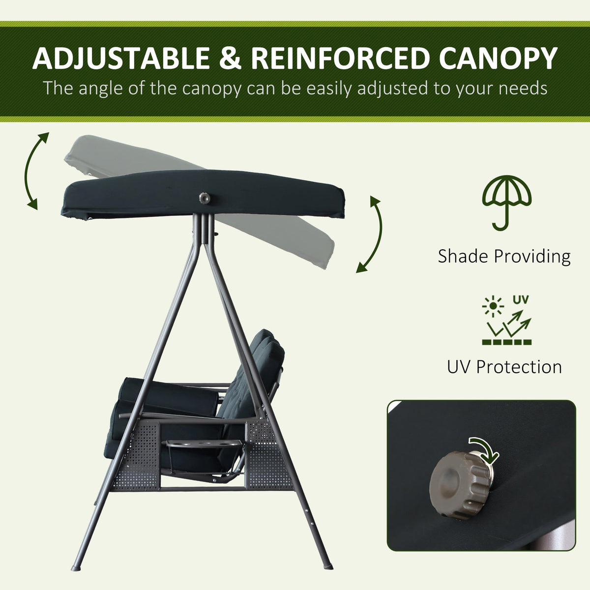 3-Seat Patio Swing Chair, Outdoor Porch Swing Glider with Adjustable Canopy, Removable Cushion, Black