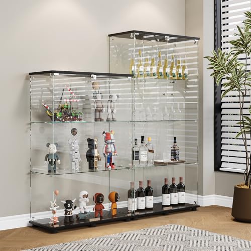 Glass Display Cabinet with 4-Shelf Double Doors and Lock, Curio Cabinet 5mm Tempered Glass Floor Standing Bookshelf for Living Room, Bedroom, Office, 64 x 31.7 x 14.3 in, Black - size: 2-Door 4-Shelf