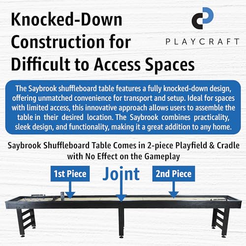 Playcraft Saybrook Shuffleboard Table with DIY Assembly - Fully Knock-Down Shuffle Board Game Table with Abacus, 8 Pucks & Premium Wax - Pro Style Climate Adjusters - Midnight Charcoal Gray - size: 16'