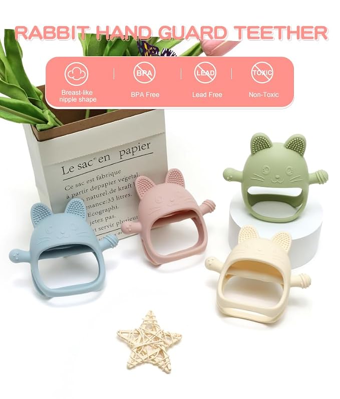 HippoBaby Rabbit Hand Guard Teether 2-Pack – Silicone Baby Teething Toys for Infants, Toddlers & Newborns – 100% Food Grade, BPA-Free¸Flexible Gum Soother (Rabbit Hand Guard - Blue/Green)