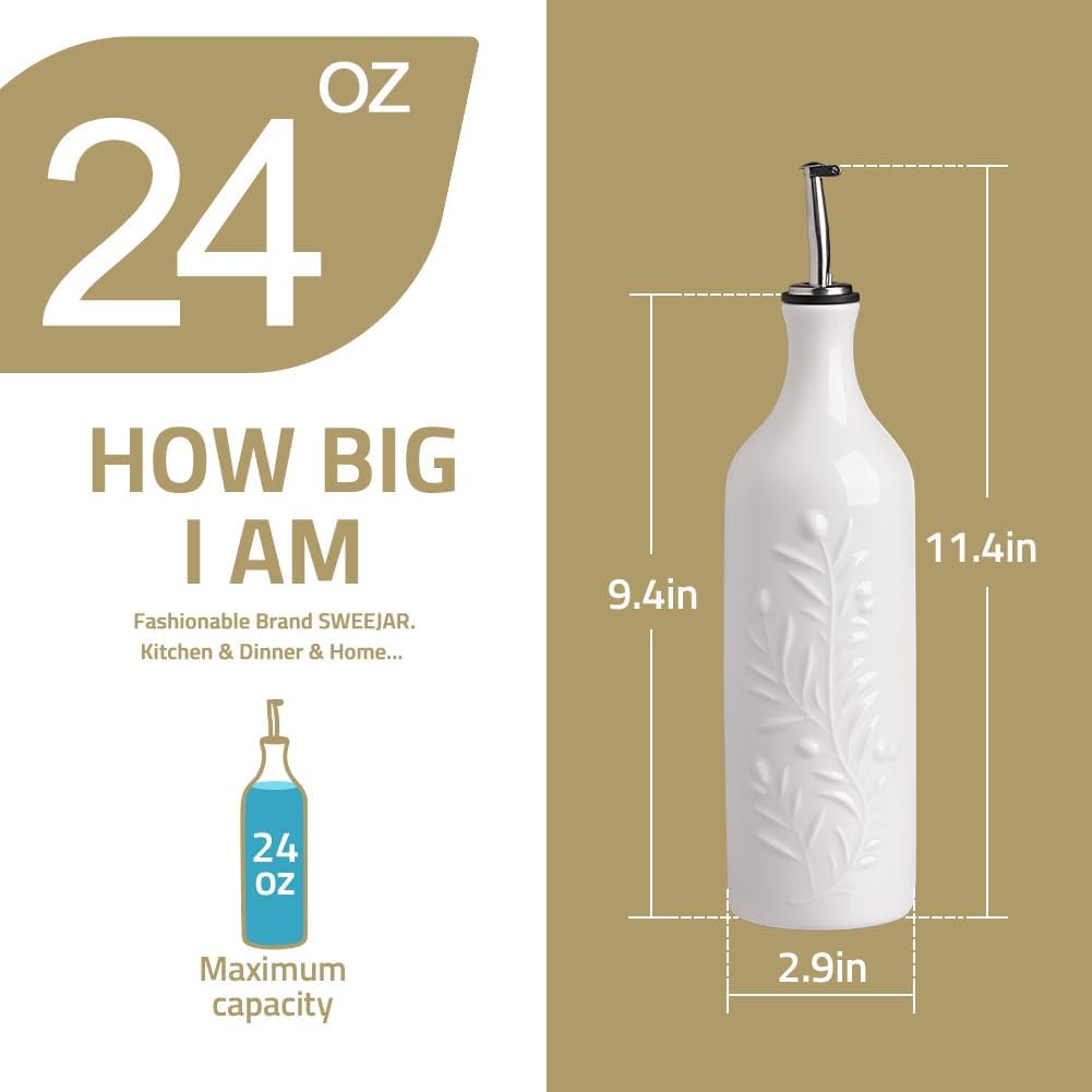 Sweejar Large Olive Oil Dispenser Bottle with Spout, 24 Oz Ceramic Oil Dispenser for Kitchen, Relief Opaque Cruet, Container for Cooking, EVOO, Vinegar, Pack of 1 (Light Blue)