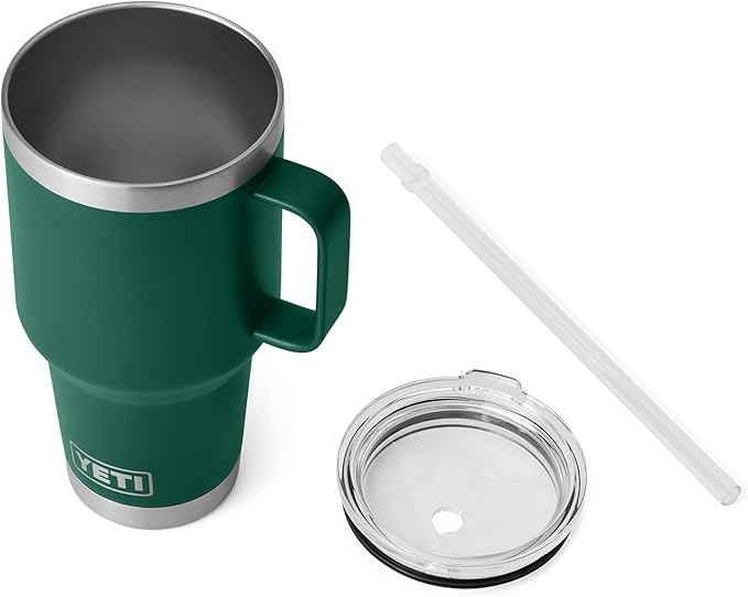 YETI Rambler 35 oz Tumbler with Handle and Straw Lid, Travel Mug Water Tumbler, Vacuum Insulated Cup with Handle, Stainless Steel, Black Forest Green