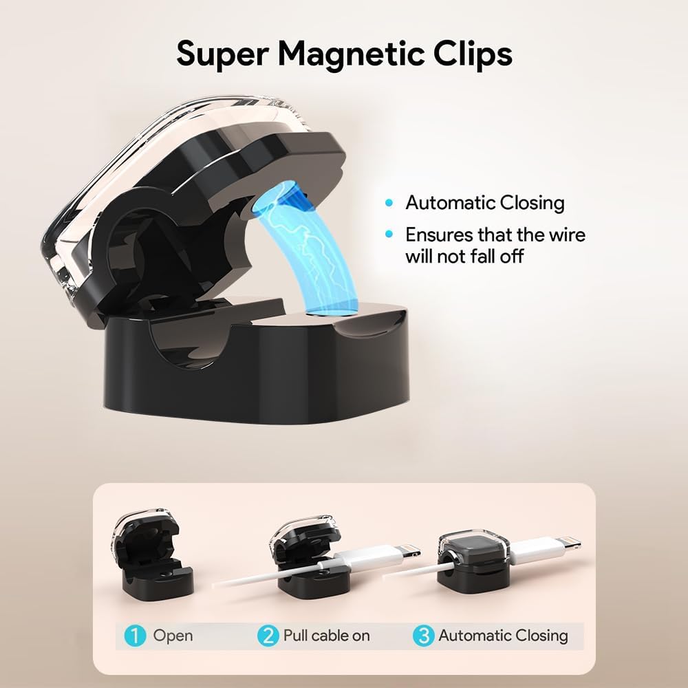 Magnetic Cable Clips, Adjustable Cord Holder Management, Adhesive Wire Keeper Organizer for Home Office Desk Phone PC Car Wall Desktop Nightstand Appliance (9-Pack Black Crystal)