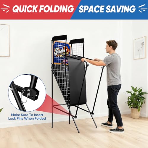 JupiterForce Foldable Electronic Arcade Basketball Game, Indoor Single Shot Basketball Hoop Arcade Game with Electronic Scorer, Buzzer, 3 Basketballs and Pump for Adults