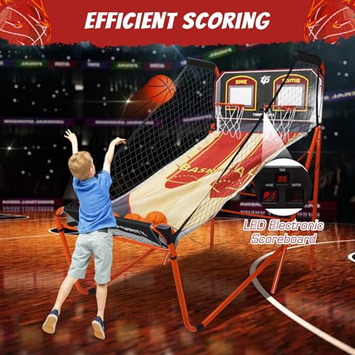 Foldable Indoor Basketball Arcade Game with Steel Frame Indoor Double Electronic Basketball Machine with 5 Size 7 Inch Balls for 2 Players Basement Game Rooms