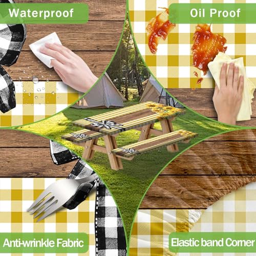 Picnic Table Cover with Bench Covers, Sunflower Buffalo Plaid Farmhouse Wood Waterproof Elastic Fitted Tablecloths Outdoor Camping Essentials, with Drawstring Bag, 96in, Yellow - color: Yellow, size: 30X96inch