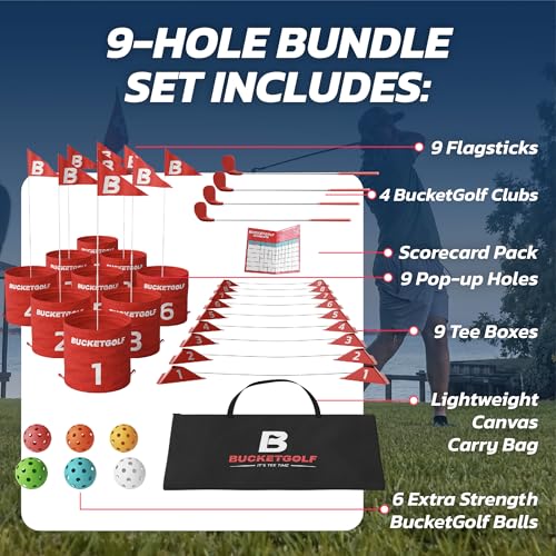 bucketgolf 9 Hole Bundle with Clubs - Outdoor Golf Game for All Ages, Adults, Kids, Family. Play Golf Anywhere, Yards, Beach, Park, Backyard. (4 Clubs (3 RH + 1 LH)) - size: 4 Clubs (3 RH + 1 LH)