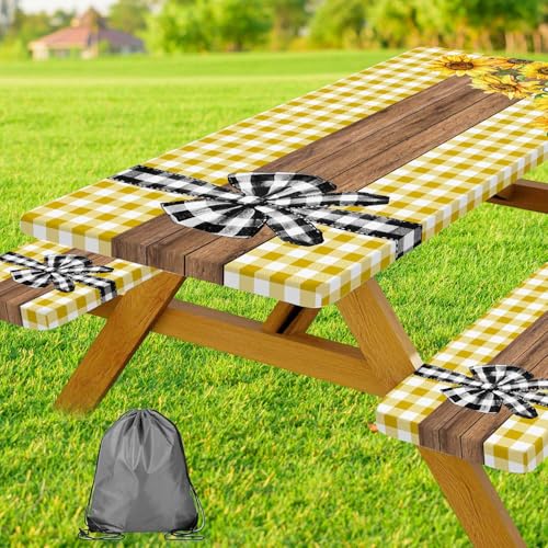 Picnic Table Cover with Bench Covers, Sunflower Buffalo Plaid Farmhouse Wood Waterproof Elastic Fitted Tablecloths Outdoor Camping Essentials, with Drawstring Bag, 96in, Yellow - color: Yellow, size: 30X96inch