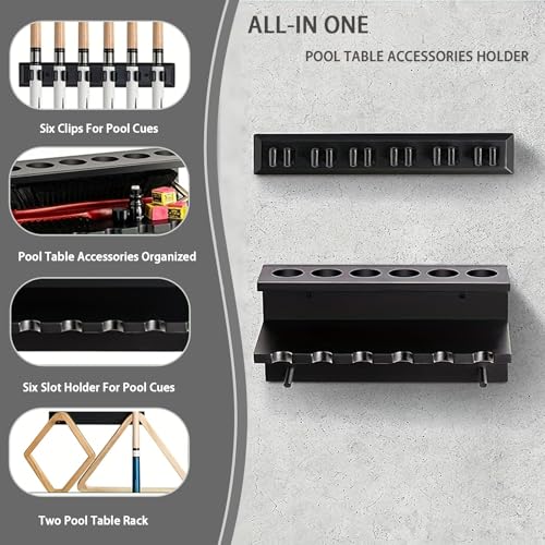 SUPERDIAMOND Hardwood Pool Cue Rack Wall Mount, 6 Pool Stick Holder with Accessory Storage Shelf & Triangle Hooks, Adjustable 2-Piece Space Saving Billiard Organizer for Game Room, Man Cave (Black) - size: 6 Cues, style: SU-wa6-Cue Racks-black2