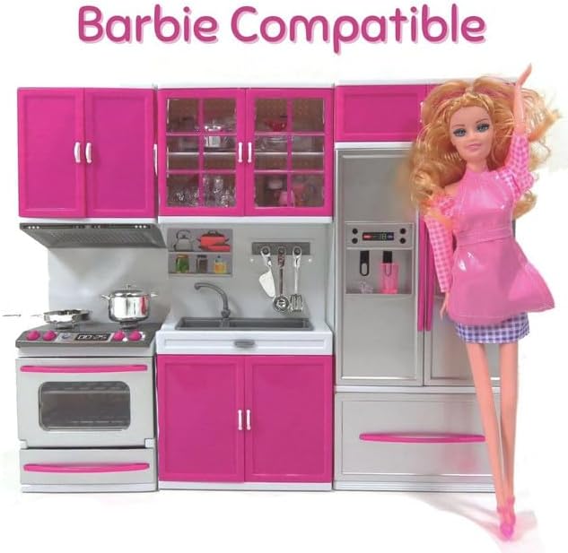 Doll Kitchen Playset for Kids, My Modern Mini Kitchen House Furniture Pretend Play Toy Accessories Set with Realistic Lights & Sounds for Toddlers, Girls (3-in-1)