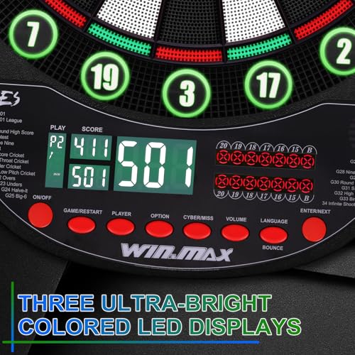 WIN.MAX Electronic Dart Board Soft Tip Dartboard Set LED Displays 3 Languges with Cabinet - style: grey
