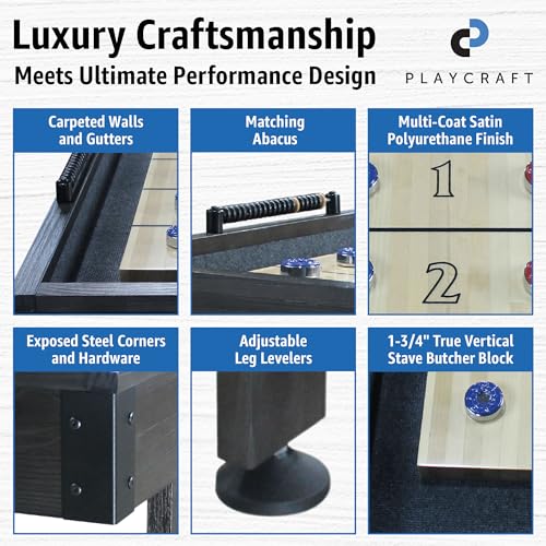 Playcraft Saybrook Shuffleboard Table with DIY Assembly - Fully Knock-Down Shuffle Board Game Table with Abacus, 8 Pucks & Premium Wax - Pro Style Climate Adjusters - Midnight Charcoal Gray - size: 16'