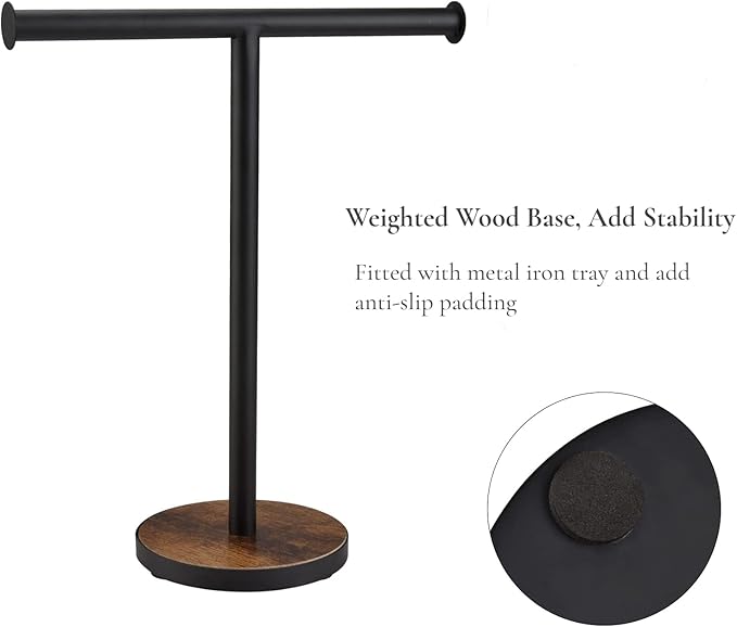 Towel Holder Stand, Countertop Hand Towel Stand for Bathroom and Kitchen, Free Standing Counter Towel Rack with Weighted Wood Base, Rustic Black and Brown