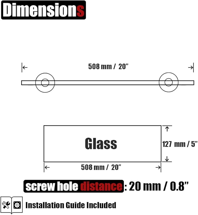 JQK Bathroom Glass Shelf, Tempered Glass Shower Storage 20 by 5 inches, 304 Stainless Steel Brushed Finish Wall Mount, TGS101L20-BN