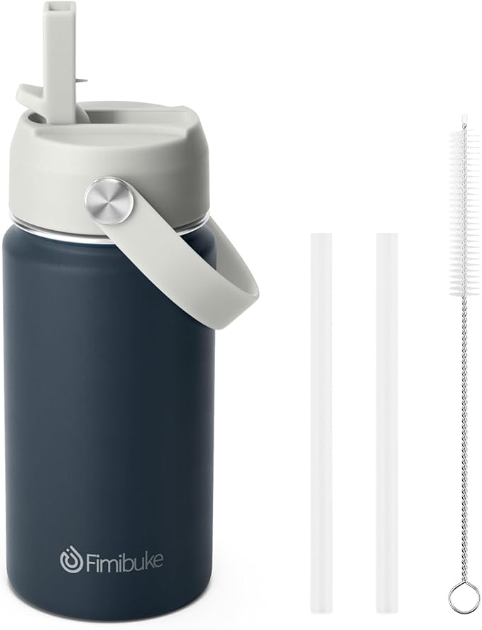Fimibuke Kids Insulated Water Bottle, 14oz BPA FREE 18/8 Stainless Steel Travel Tumbler Double Wall Vacuum Leak Proof Kids Cup with Straw Metal Water Bottle for School Boys Girls(1 Pack, Slate)