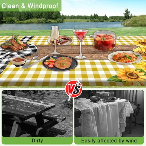 Picnic Table Cover with Bench Covers, Sunflower Buffalo Plaid Farmhouse Wood Waterproof Elastic Fitted Tablecloths Outdoor Camping Essentials, with Drawstring Bag, 96in, Yellow - color: Yellow, size: 30X96inch