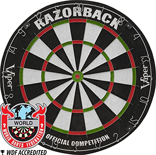Viper Metropolitan Solid Wood Cabinet & Sisal/Bristle Dartboard Play-Ready Bundle: Elite Set (Razorback Dartboard, Darts and Laser Throw Line), Cinnamon Finish