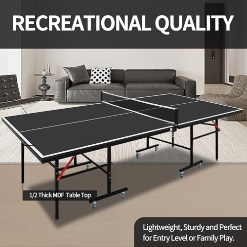 GOWE 8ft Black Mid-Size Table Tennis Table Foldable & Portable Ping Pong Table Set for Indoor Games with Net, 2 Table Tennis Paddles and 3 Balls