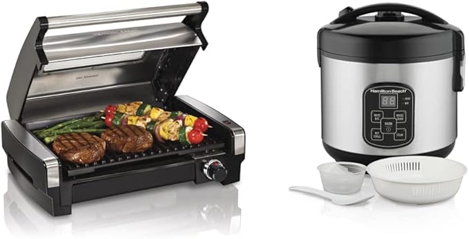 Hamilton Beach Electric Indoor Searing Grill, 6-Serving, Extra-Large Drip Tray, Stainless Steel (25361) & Digital Programmable Rice Cooker & Food Steamer, 8 Cups Cooked (4 Uncooked), Stainless Steel