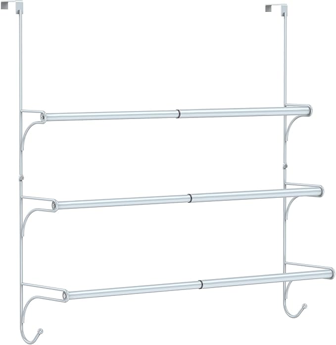 Auledio Adjustable Over The Door Triple Towel Rack with Hooks,Silver