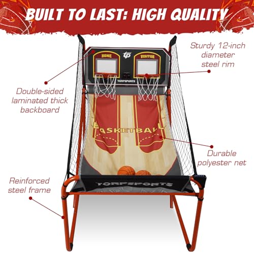 Foldable Indoor Basketball Arcade Game with Steel Frame Indoor Double Electronic Basketball Machine with 5 Size 7 Inch Balls for 2 Players Basement Game Rooms