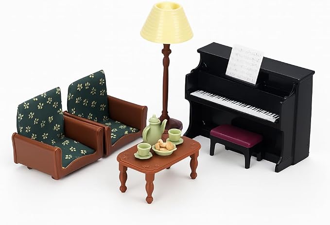 Family Dollhouse Living Room Set — Piano with Bench & Sheet Music, Two Armchairs, Coffee Table, Floor Lamp & Tea Set — Dollhouse Furniture & Accessories for Ages 3+