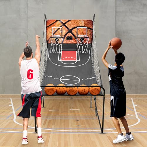 Electronic Basketball Arcade Game Shot Dual Shot Foldable Basketball Machine Indoor Basketball Hoop Arcade with Digital Scoring and Timer 5 Balls and 2 Nets for Teen & Adults Home