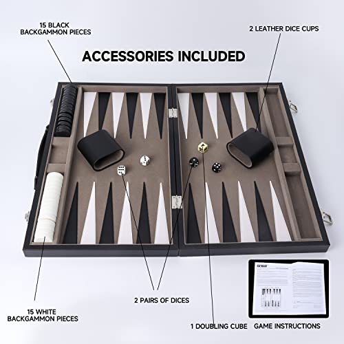 GSE Premium Leather Backgammon Board Game Set, Black&Grey, Large | Premium Leather, Travel Folding Board, Classic Game Set, Leather Case Included - color: Leather-black&grey, size: Large