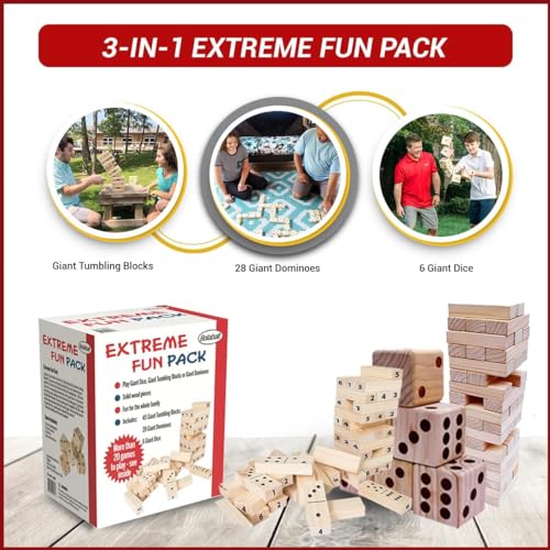 Bolaball Extreme Fun Pack: Giant Tumbling Blocks, Dominoes, Dice | 3-in-1 Giant Board Games: Tic Tac Toe, Jumbo Checkers, Reversible Rug | Outdoor Family Games for Adults, Kids, Parties