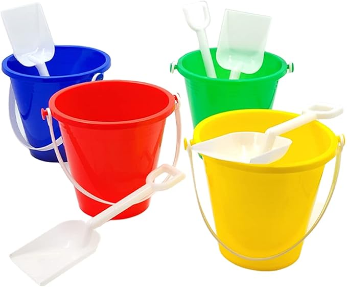 The Dreidel Company 6-Count Beach Day Playsets 5.25" Inch Sand Bucket Play Set Box Includes, Pail & Shovel Sand Toy for Boys and Girls Birthday Party Favor