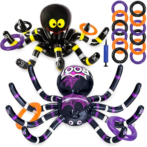 Max Fun Halloween Ring Toss Games for Kids, 2 Pack Inflatable Spiders Set Halloween Party Favor Supplies Holiday Carnival School Decoration Outdoor Indoor Spooky Creepy Game